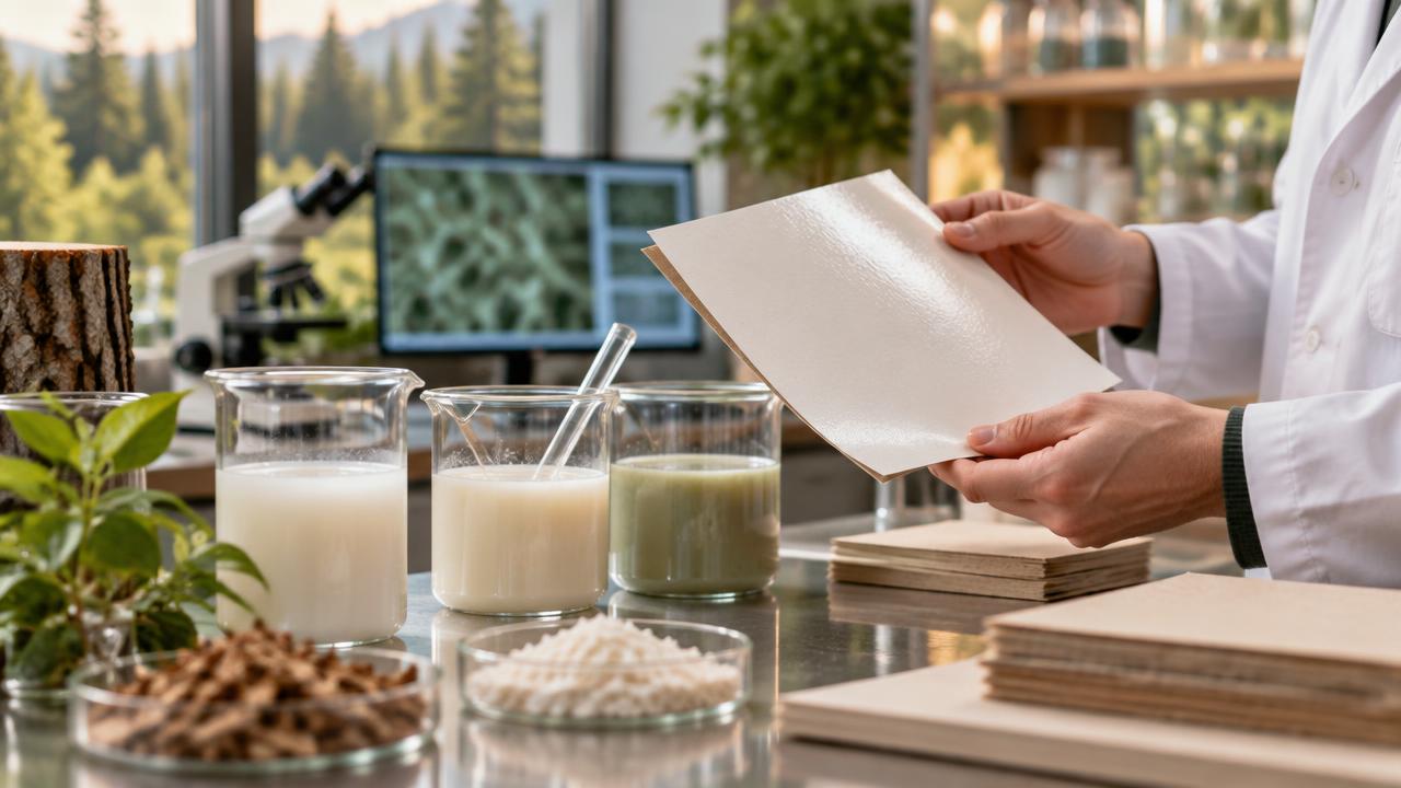 Bio-based coating dispersions and coated paperboard in a materials laboratory